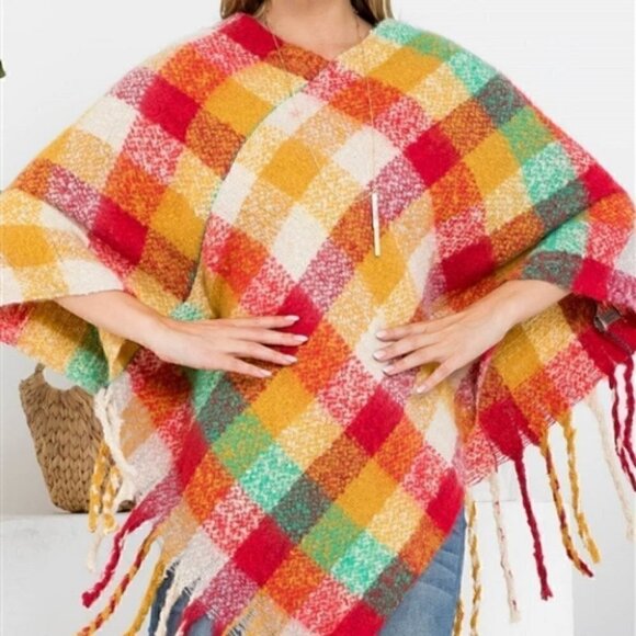 MULTI COLOR PLAID PRINT PONCHO - SOFT - Picture 5 of 8